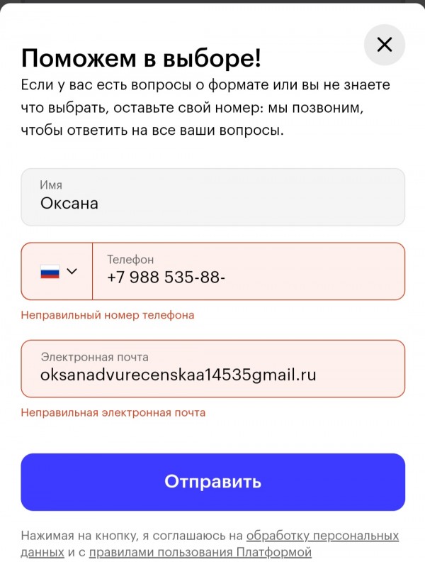 Лид-форма с сообщениями об ошибках